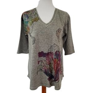 Inoah Artsy Tunic Top Womens Size Large 1/2 Sleeves V Neck Bohemian Made in USA